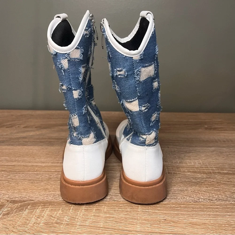 Girls White & Denim Distressed Zip Boots – Size 1